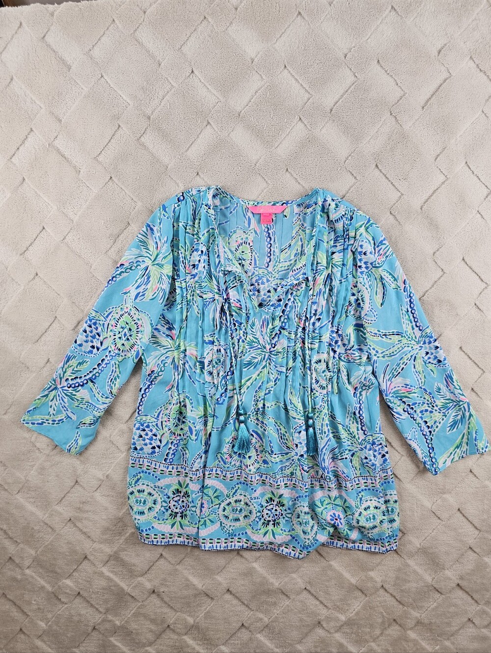 Lilly Pulitzer Marilina Tunic Top Womens Extra Small Turquoise Blue Green Floral